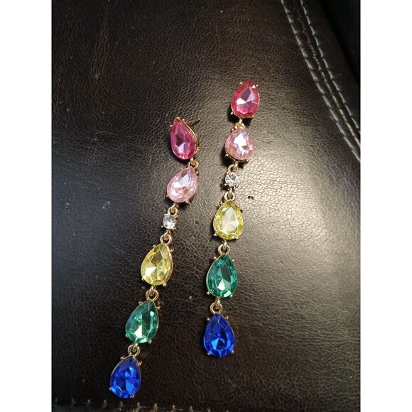Long Raindrop Shaped Colored Rhinestones 3.86" Earrings - Picture 3 of 8